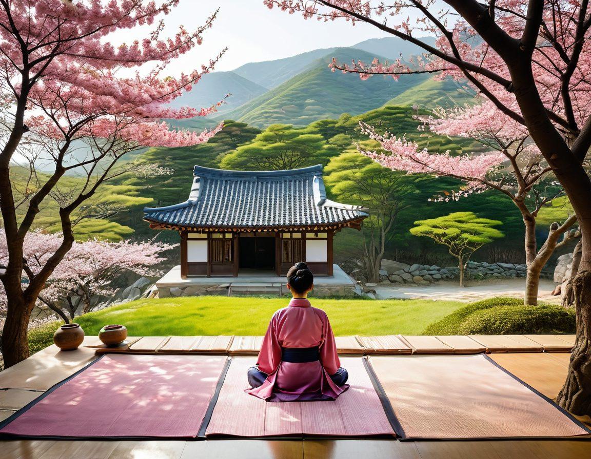 A serene Korean landscape featuring rolling hills and a traditional hanok house, surrounded by blossoming cherry trees. In the foreground, a person meditating on a tatami mat, radiating calm and happiness. Soft natural light illuminating the scene, reflecting peaceful vibes. Elements of Korean culture, like traditional tea set and calligraphy art, subtly integrated. vibrant colors. super-realistic.