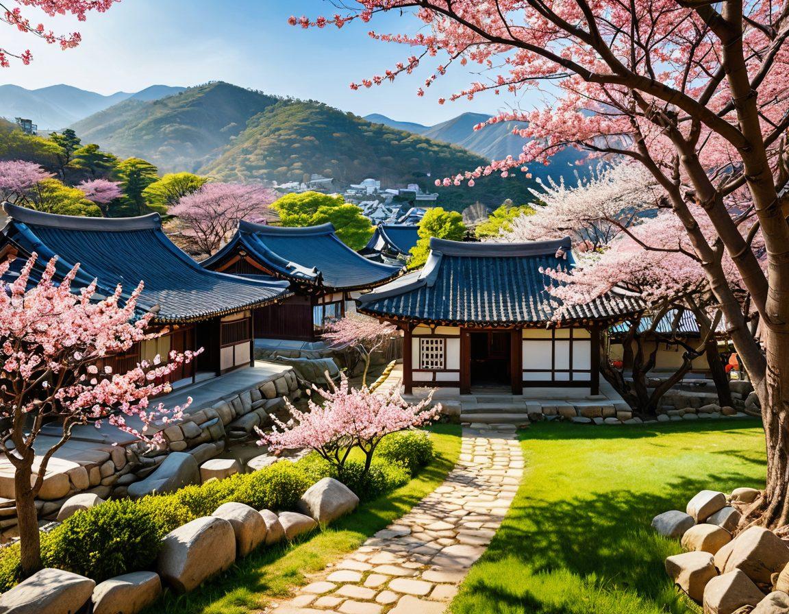 A serene landscape depicting a tranquil Korean village on a bright sunny day, with traditional hanok houses nestled among vibrant cherry blossom trees. In the foreground, a group of diverse people engage in joyful activities like meditation and laughter, symbolizing mental well-being and happiness. Soft rays of sunlight illuminate the scene, creating a warm, inviting atmosphere. The overall composition conveys harmony and connection to nature. vibrant colors. super-realistic.
